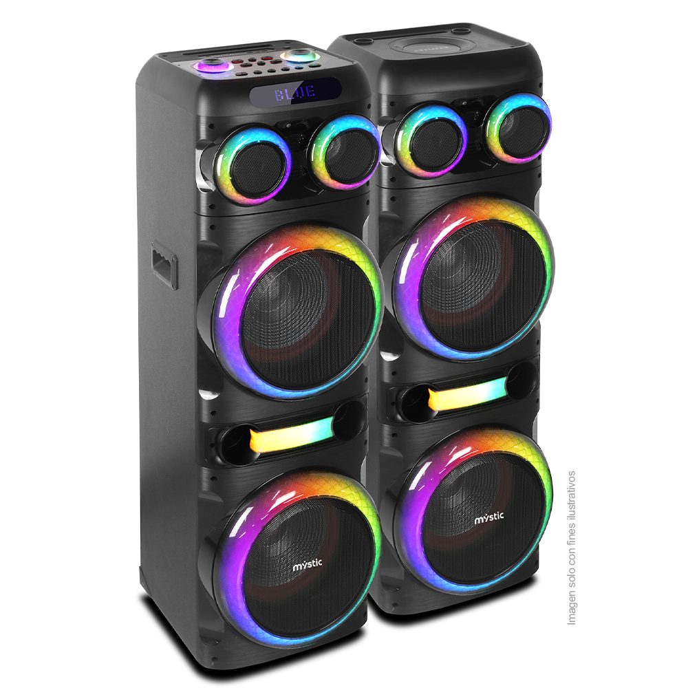 Sound max three, MYPS993U Mystic 120W RMS x 2, audio con Bluetooth, Micrófono inalámbrico UHF, Radio FM, Luz LED.