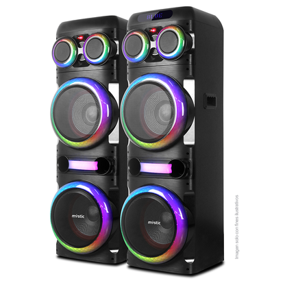 Sound max three, MYPS993U Mystic 120W RMS x 2, audio con Bluetooth, Micrófono inalámbrico UHF, Radio FM, Luz LED.