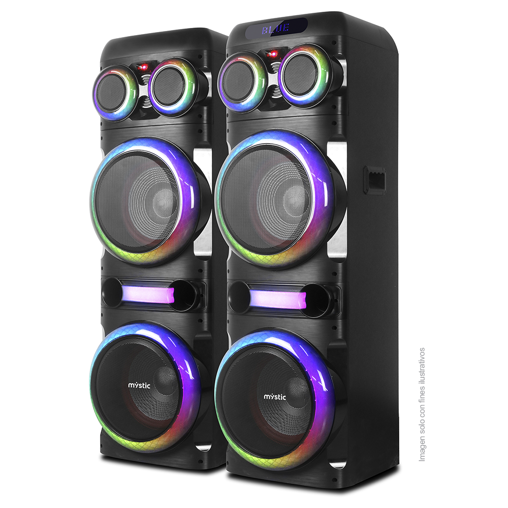Sound max three, MYPS993U Mystic 120W RMS x 2, audio con Bluetooth, Micrófono inalámbrico UHF, Radio FM, Luz LED.
