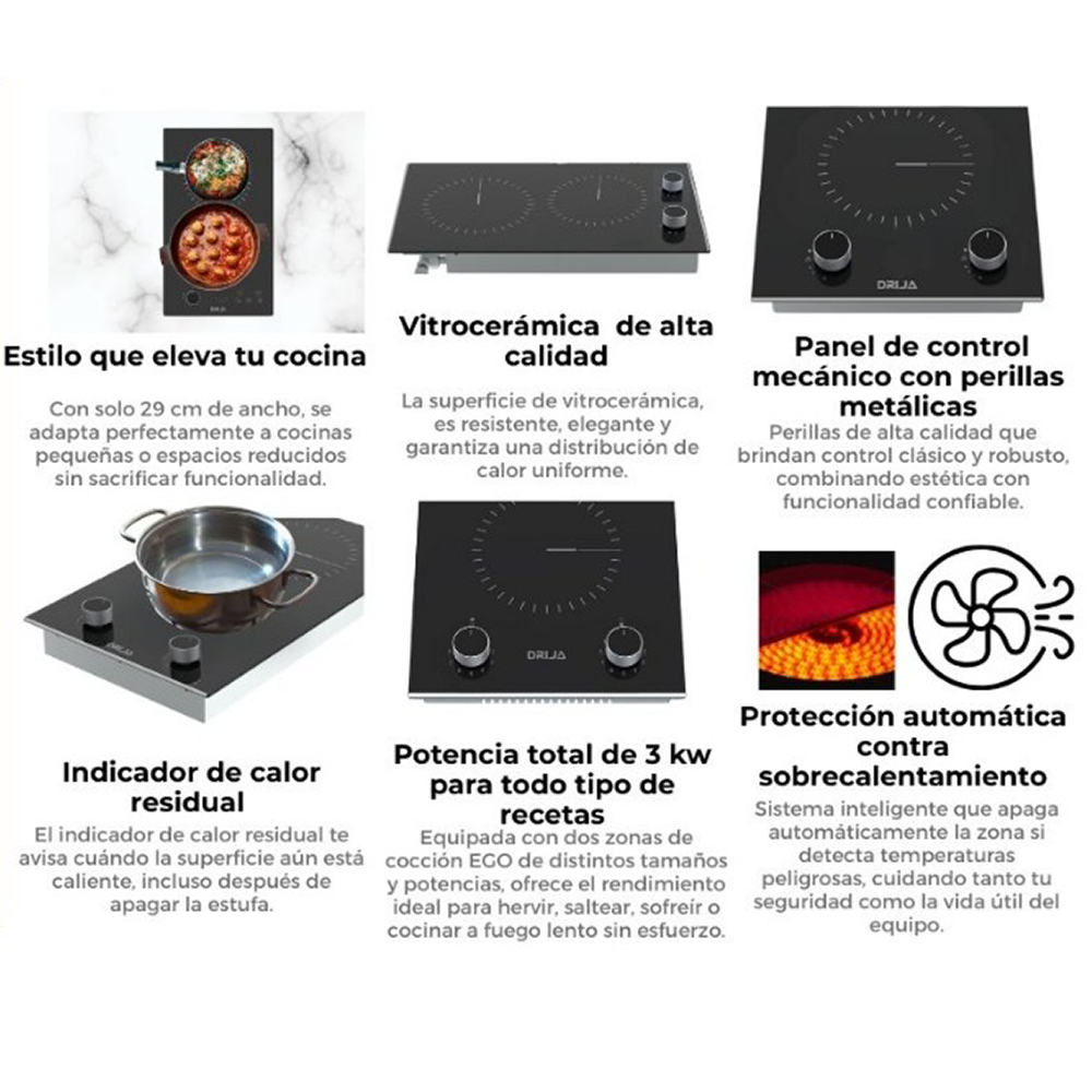 Estufa Vitrocerámica 2 quemadores Bari 30-A Drija