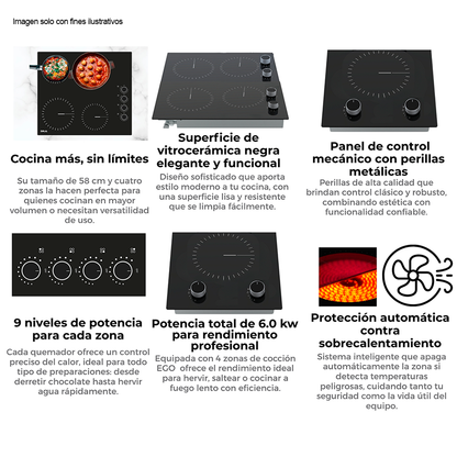 Estufa Bari 60 de 58cm eléctrica vitroceramica negra 4 quemadores EGO potencia 6000W