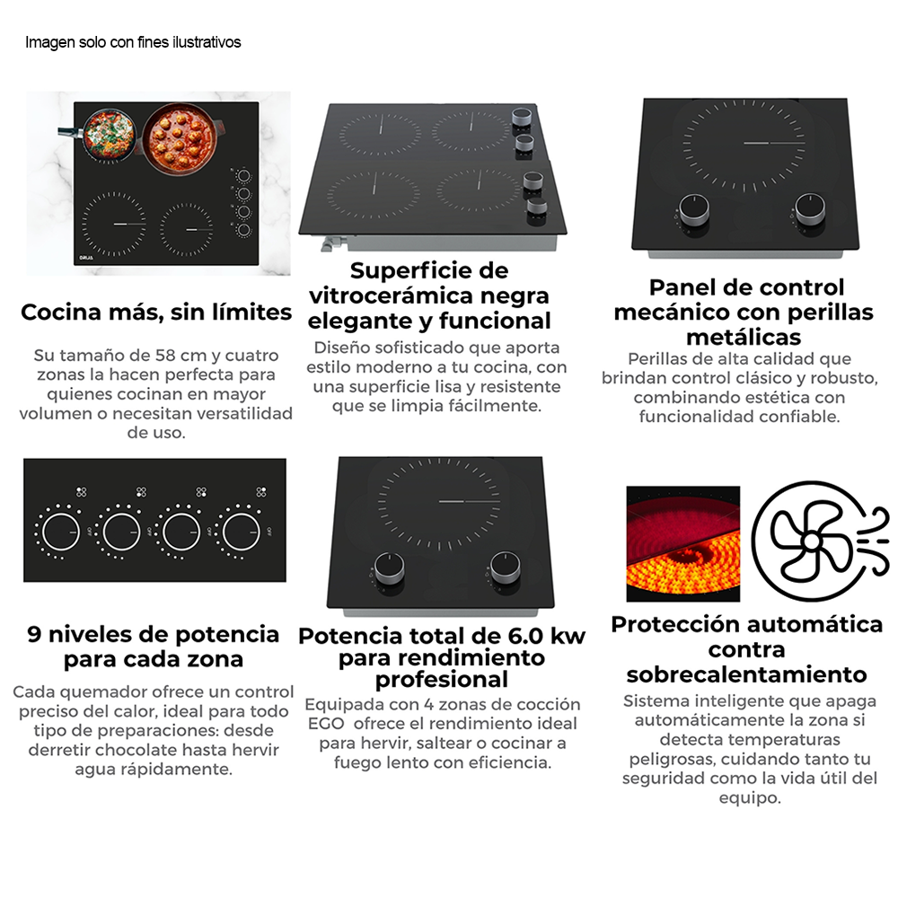 Estufa Bari 60 de 58cm eléctrica vitroceramica negra 4 quemadores EGO potencia 6000W