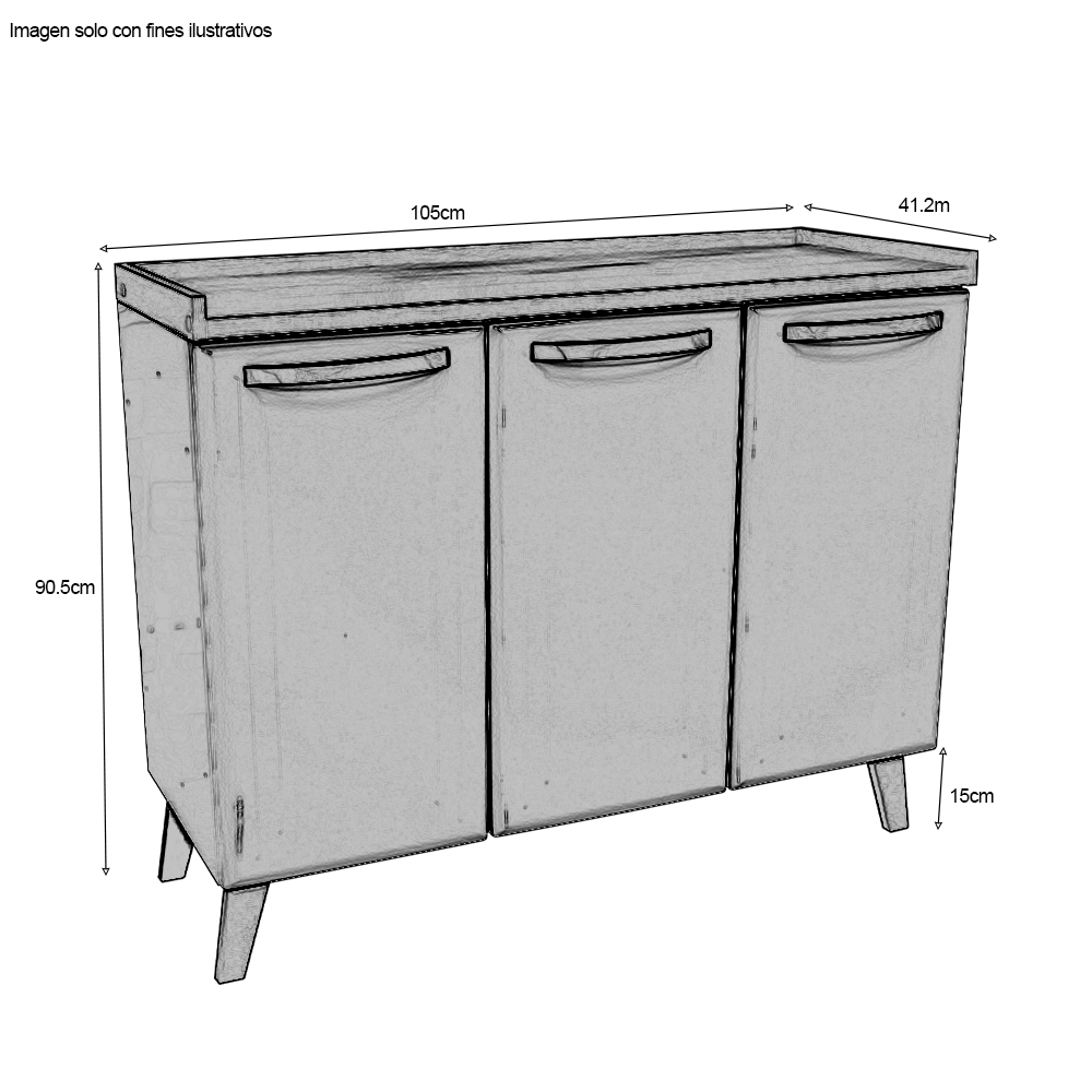 Bufetera de metal negro TLBF-3NN (D), 3 puertas, sobre color marror