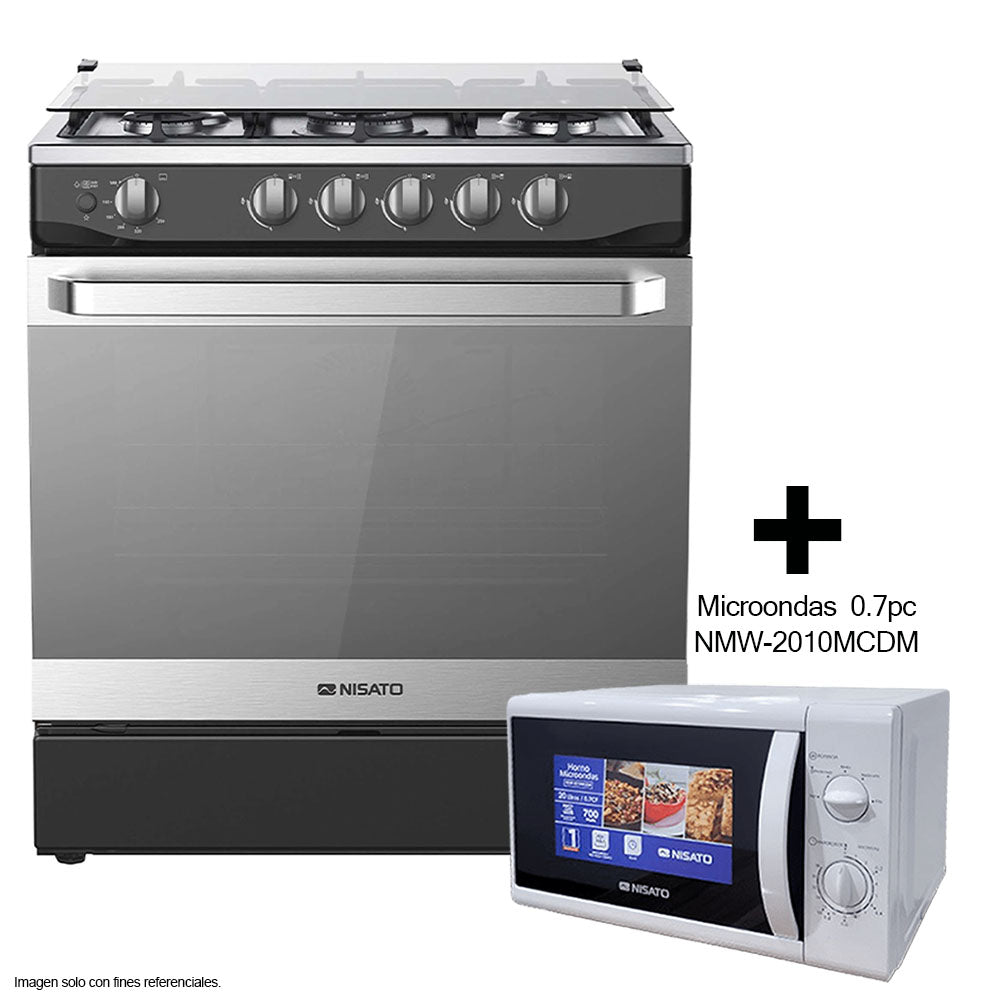 Combo de estufa 30" a gas NEP-7735AFNDM + Microondas 0.7pc NMW-2010MCDM, blanco Nisato