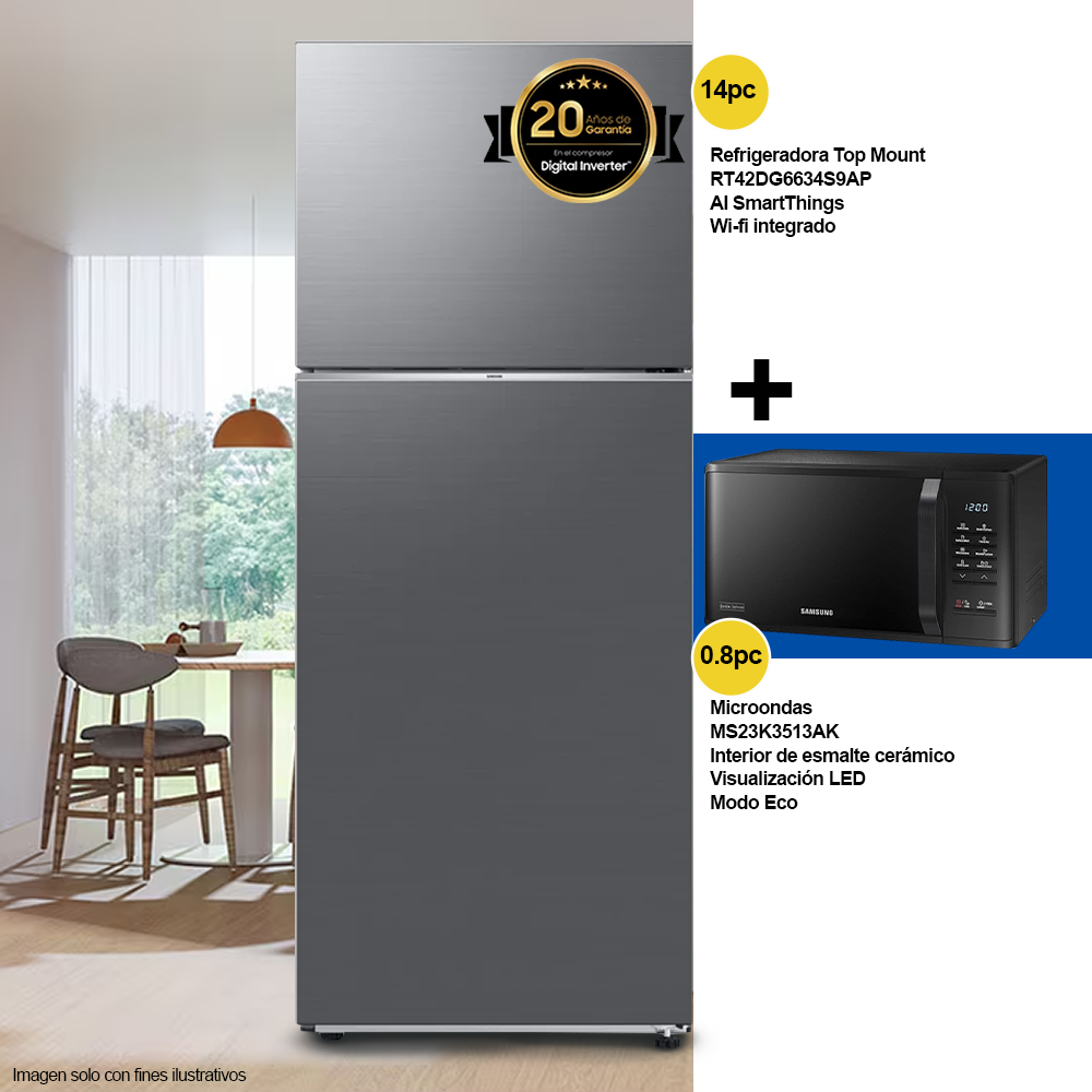 Combo refrigeradora 14pc RT42DG6634S9AP + microondas 0.8pc MS23K3513AK Samsung