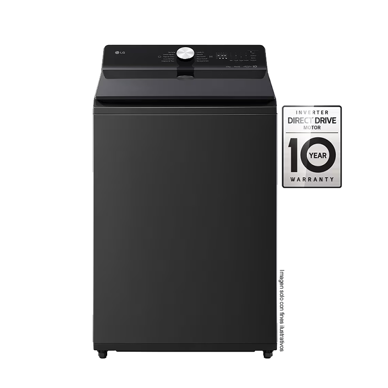 Lavadora 22kg carga superior | WT220BTX6 LG | sistema TurboWash | panel LED táctil | color negro | motor inverter con 10 años de garantía.