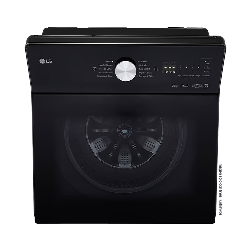 Lavadora 22kg carga superior | WT220BTX6 LG | sistema TurboWash | panel LED táctil | color negro | motor inverter con 10 años de garantía.