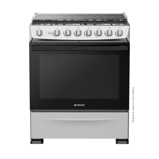 Estufa a gas de 30" NE-7774TVDM Nisato, 6 quemadores, acero inoxidable, encendido eléctrico.