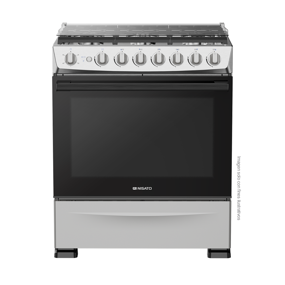 Estufa a gas de 30" NE-7774TVDM Nisato, 6 quemadores, acero inoxidable, encendido eléctrico.