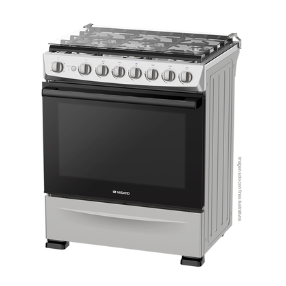 Estufa a gas de 30" NE-7774TVDM Nisato, 6 quemadores, acero inoxidable, encendido eléctrico.