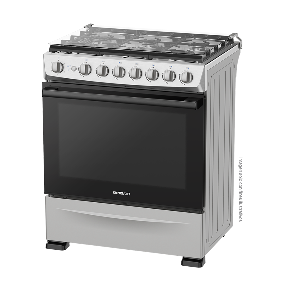 Estufa a gas de 30" NE-7774TVDM Nisato, 6 quemadores, acero inoxidable, encendido eléctrico.