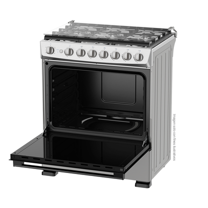 Estufa a gas de 30" NE-7774TVDM Nisato, 6 quemadores, acero inoxidable, encendido eléctrico.