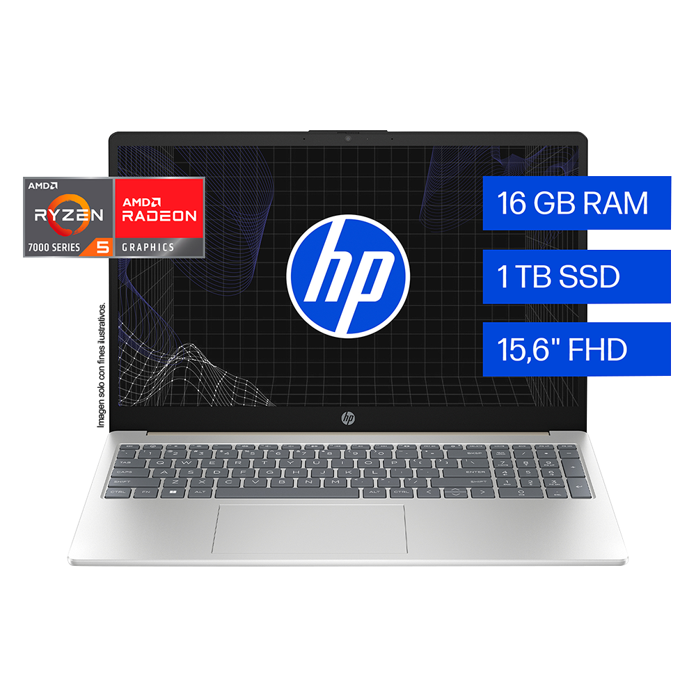 Laptop 15-fc0258la, HP 15.6” FHD, AMD Ryzen 5 7520U, 16GB 1TB Windows 11 color dorado cálido.