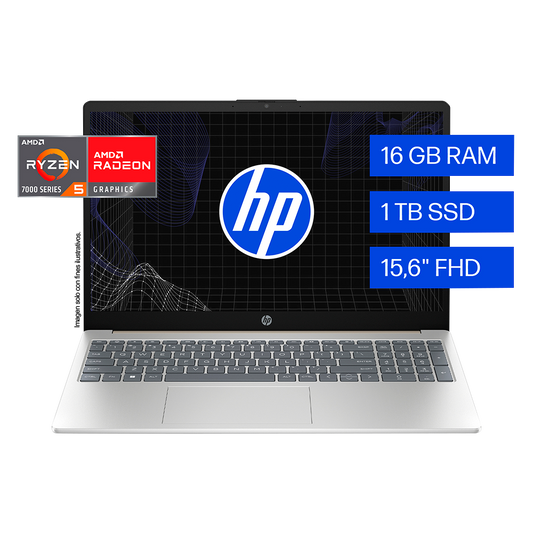 Laptop 15-fc0258la, HP 15.6” FHD, AMD Ryzen 5 7520U, 16GB 1TB Windows 11 color dorado cálido.