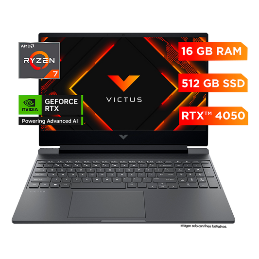 Laptop Gaming Victus 15-fb3021la, AMD Ryzen 7, 16 GB RAM, NVIDIA GeForce RTX 4050, 512 GB SSD, 15.6" FHD 144 Hz, Windows 11 Home incluye Hyperx cloud III wireless black