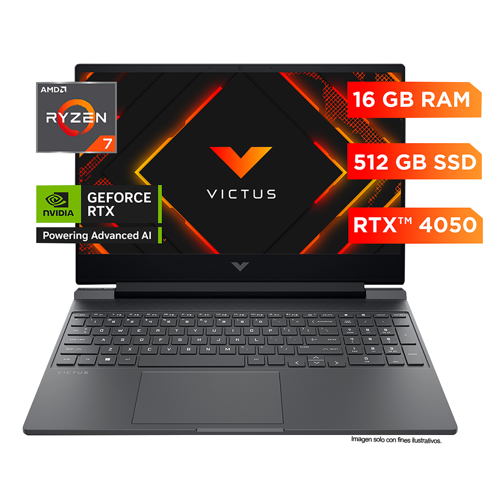 Laptop Gaming Victus 15-fb3021la, AMD Ryzen 7, 16 GB RAM, NVIDIA GeForce RTX 4050, 512 GB SSD, 15.6" FHD 144 Hz, Windows 11 Home incluye Hyperx cloud III wireless black
