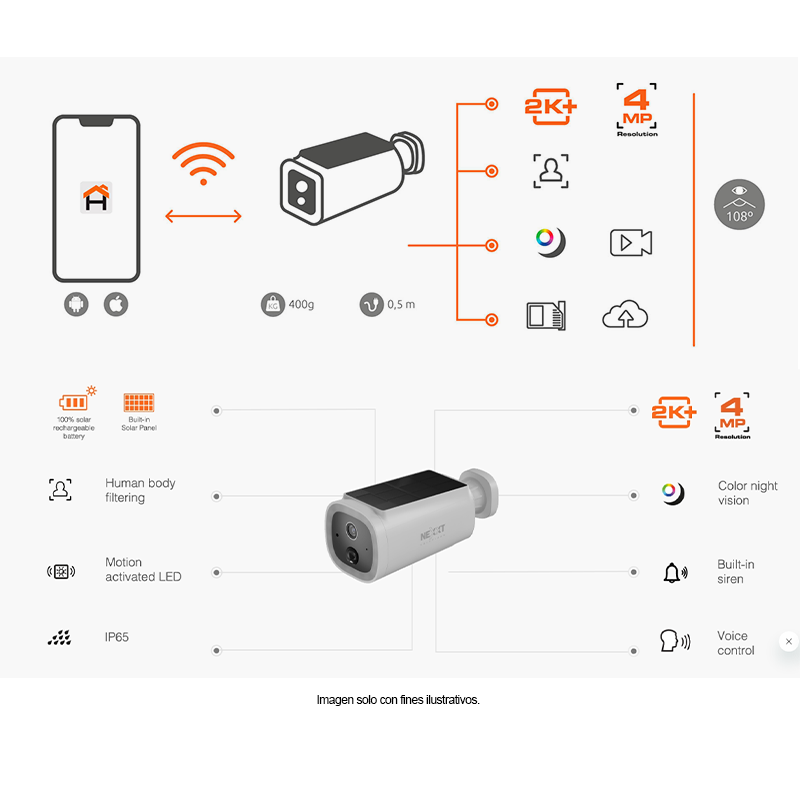 Cámara Wi-Fi inteligente con panel solar integrado NHC-OF30S Nexxt, alta definición de 4MP 2K