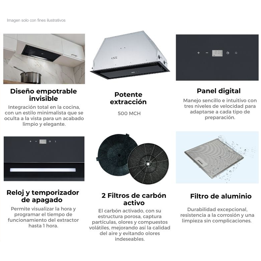 Extractor de grasa empotrable 23"(59,8cm) Sottile 60-B. Drija, vidrio negro recirculante, panel pantalla digital, temporizador automático 3 velocidades.