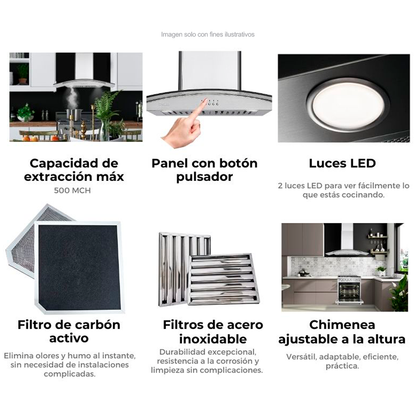 Extractor de grasa 29" (75cm) Galaxy 76 Black Drija, 2 chimeneas, 2 filtros de acero inoxidable, 1 filtro de carbón activo, extracción de 500MHC, 3 velocidades.