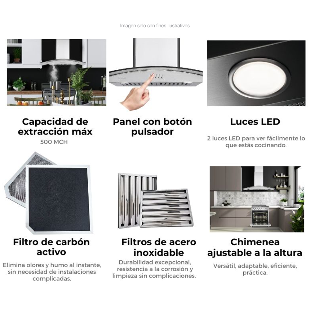 Extractor de grasa 29" (75cm) Galaxy 76 Black Drija, 2 chimeneas, 2 filtros de acero inoxidable, 1 filtro de carbón activo, extracción de 500MHC, 3 velocidades.