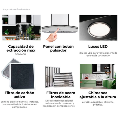 Extractor de grasa 35" (89.5cm) Galaxy 90 Black Drija, 2 chimeneas, 2 filtros de acero inoxidable, 1 filtro de carbón activo, extracción de 500MHC, 3 velocidades.