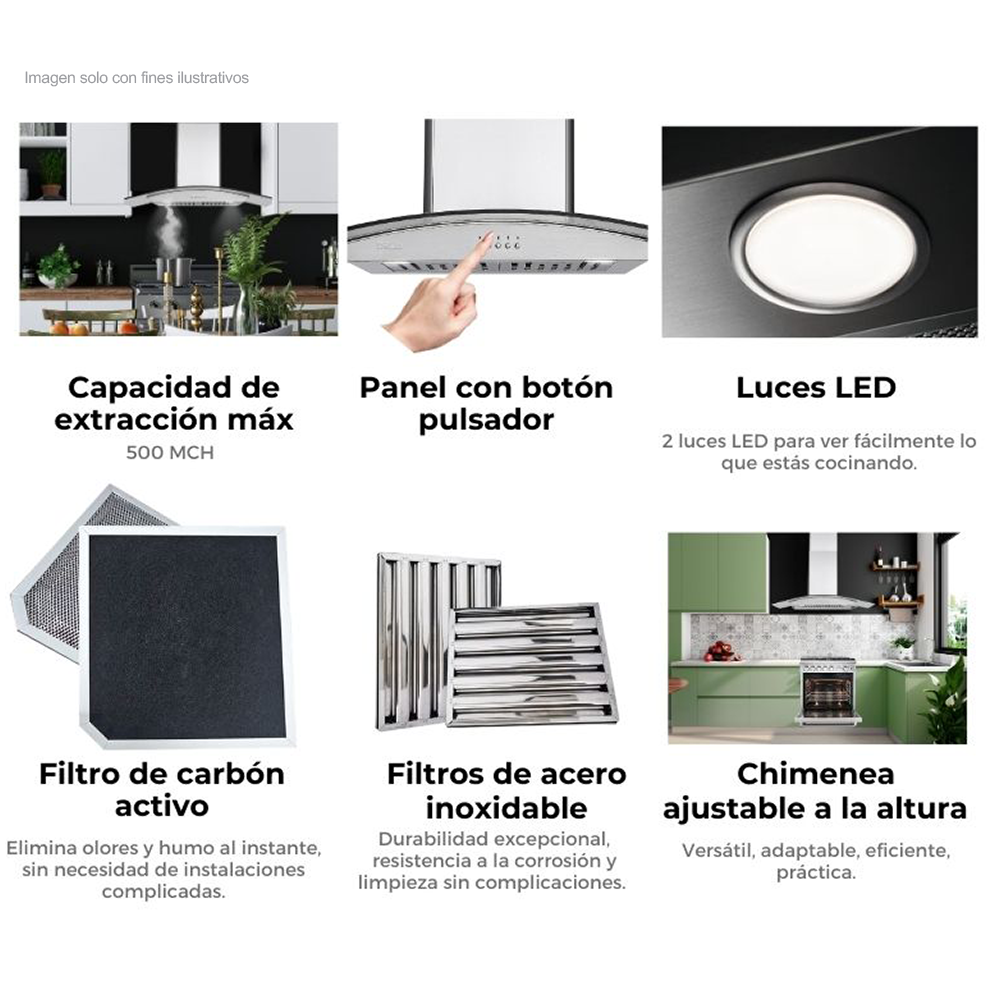 Extractor de grasa 35" (89.5cm) Galaxy 90 Black Drija, 2 chimeneas, 2 filtros de acero inoxidable, 1 filtro de carbón activo, extracción de 500MHC, 3 velocidades.