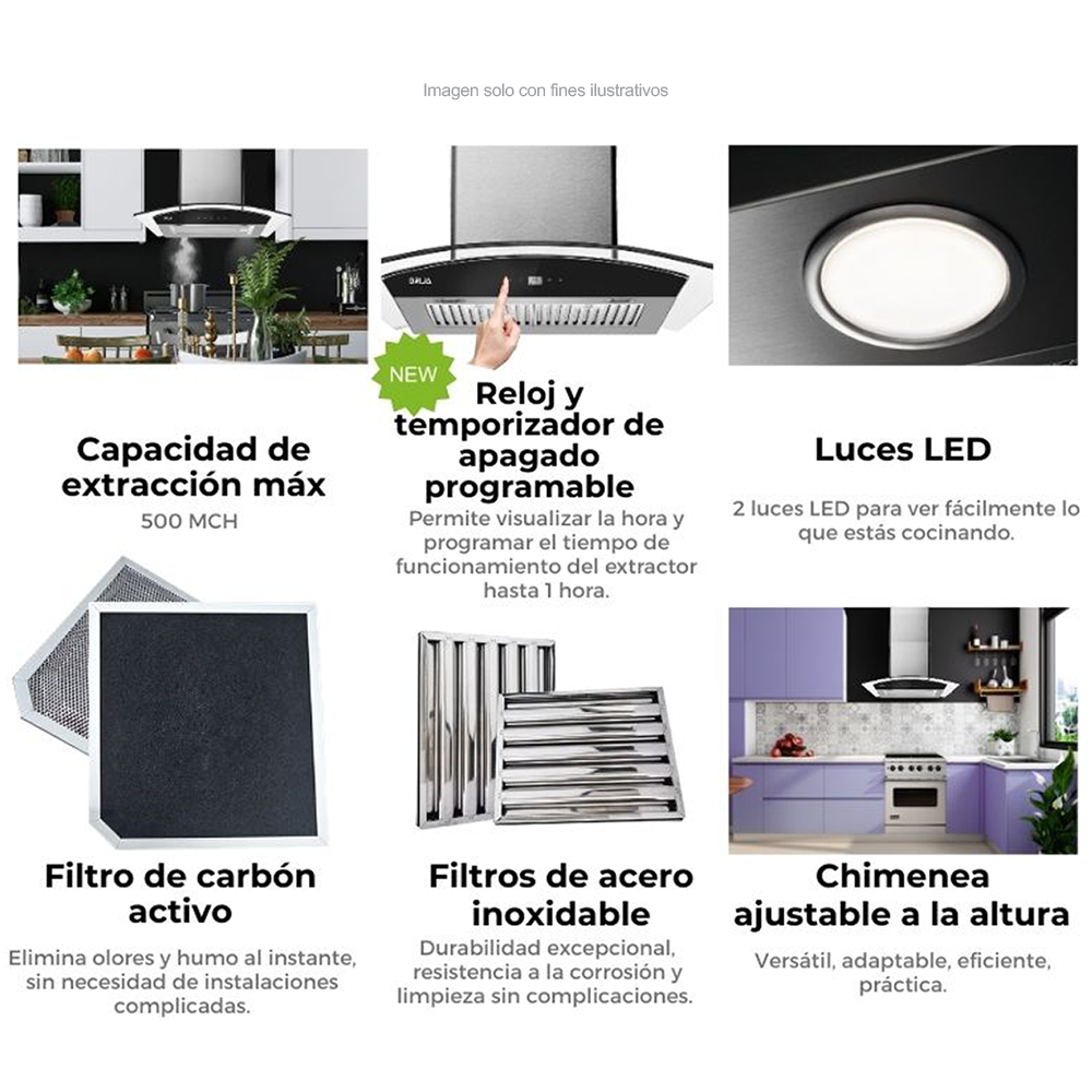 Extractor de grasa 29" (75cm) Prisma Touch 76 Black mate Drija 2 chimeneas iluminación LED, panel digital temporizador.