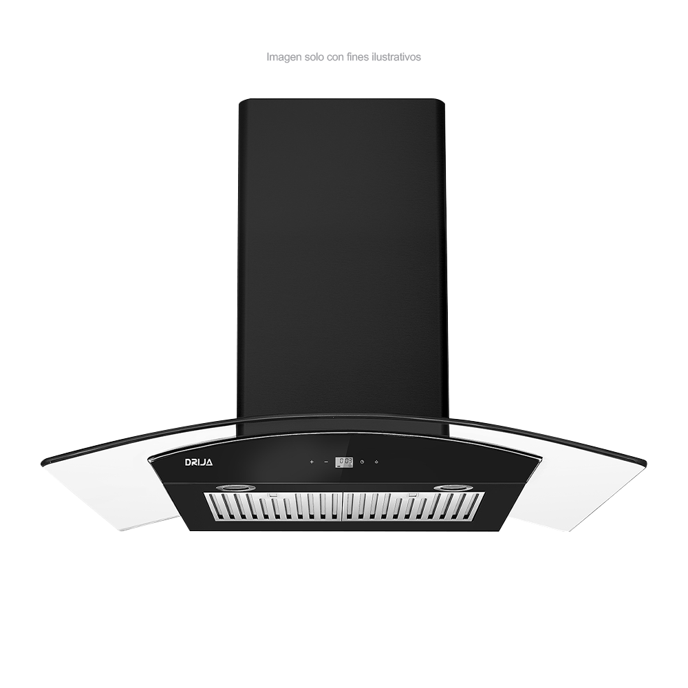 Extractor de grasa 35" (89.5cm) Prisma Touch 90 Black Drija, 2 chimeneas iluminación LED, panel digital temporizador.