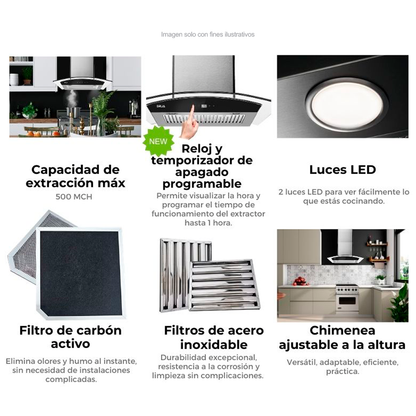 Extractor de grasa 35" (89.5cm) Prisma Touch 90 Black Drija, 2 chimeneas iluminación LED, panel digital temporizador.