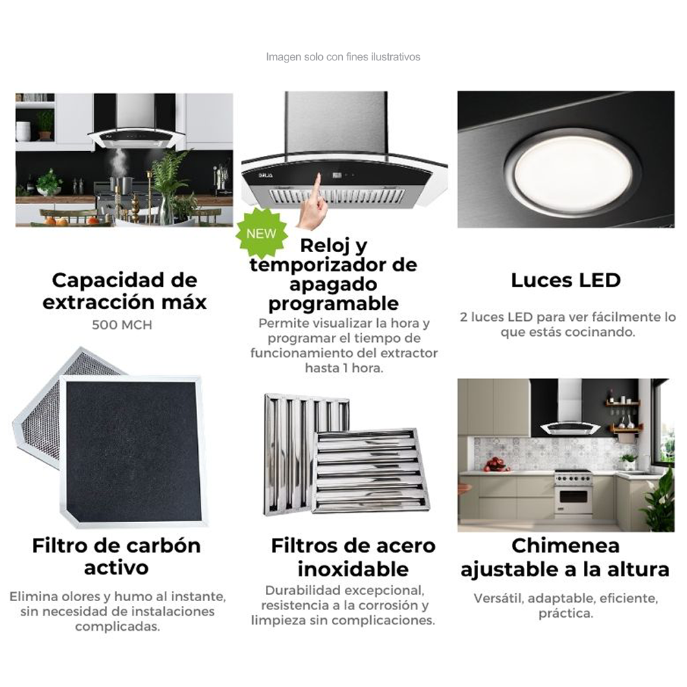 Extractor de grasa 35" (89.5cm) Prisma Touch 90 Black Drija, 2 chimeneas iluminación LED, panel digital temporizador.