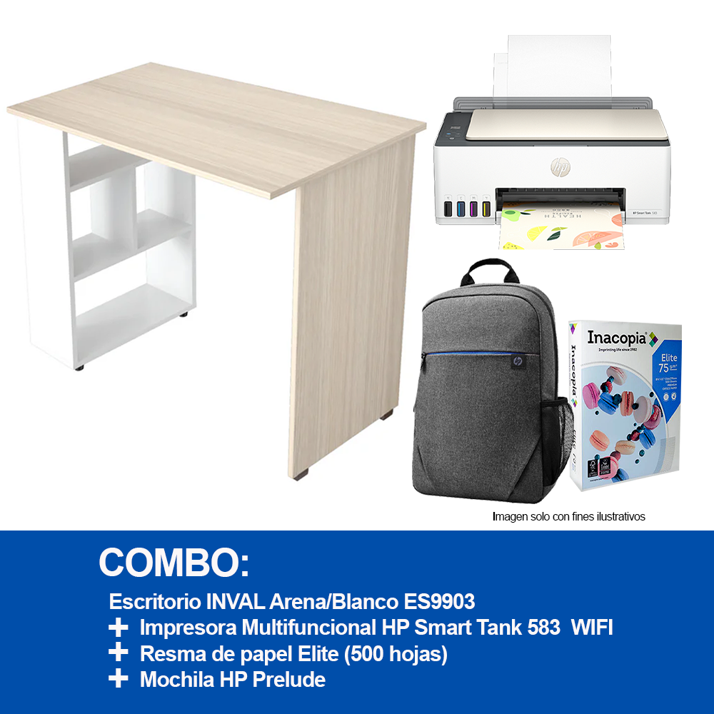 Combo de impresora HP Smart Tank 583 + Escritorio + mochila Prelude y resma de papel Elite (500 hojas)