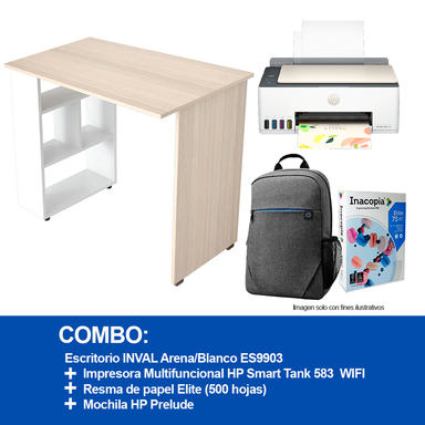 Combo de impresora HP Smart Tank 583 + Escritorio + mochila Prelude y resma de papel Elite (500 hojas)