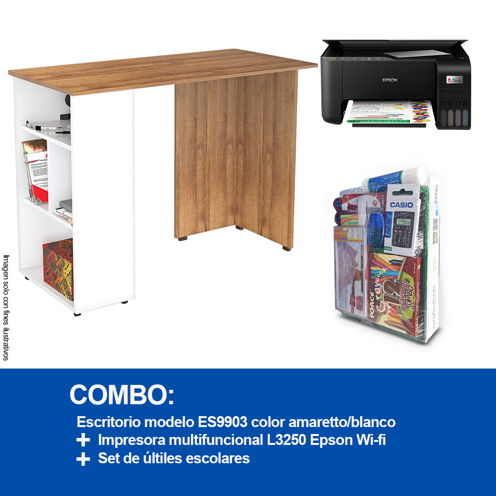 Combo impresora L3250 Epson + escritorio ES9903 + resma de papel y set de útiles escolares.