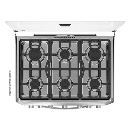 Estufa a gas de 30" (76cm) EMA7620FX0 Mabe, 6 quemadores, encendido electrónico por botón, parrillas de hierro fundid, horno de 109.83 litros