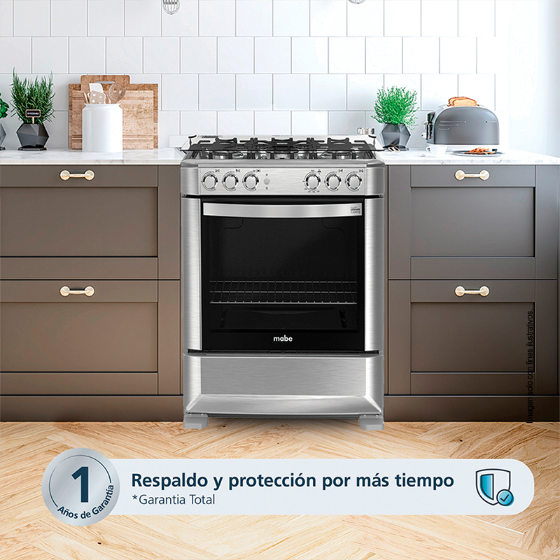 Estufa a gas de 30" (76cm) EMA7628FX0 Mabe, 5 quemadores, encendido electrónico por botón, parrillas de hierro fundid, horno de 109.83 litros