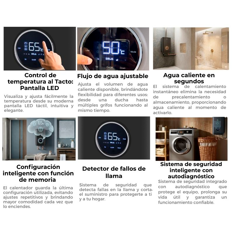 Calentador de agua a gas CLT21L Black, DRIJA encendido eléctrico automático, 35-65°C, panel de control Digital.