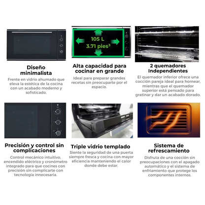 Horno empotrable a gas AMÉRICA 90 GAS-A Capacidad de 105 litros (3.71pc) diseño minimalista, triple vidrio templado en puerta, encendido eléctrico.