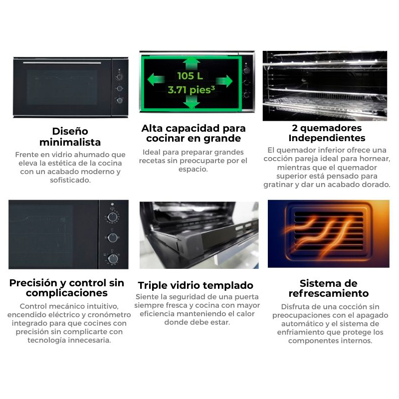 Horno empotrable a gas AMÉRICA 90 GAS-A Capacidad de 105 litros (3.71pc) diseño minimalista, triple vidrio templado en puerta, encendido eléctrico.