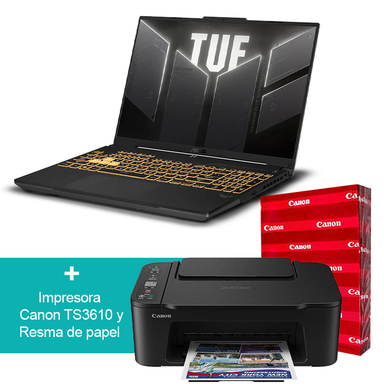 Combo Laptop Asus E1404FA-NK086W, 14" Ryzen 5 7520U 8Gb 512GB Windows 11 home + Impresora multifuncional Canon TS3610 + Resma de papel Bond 8.5 x11" Canon.