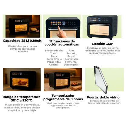 Horno freidora de aire Bruschetta 25L-B Drija, capacidad de 25 litros / 12 funciones pantalla digital