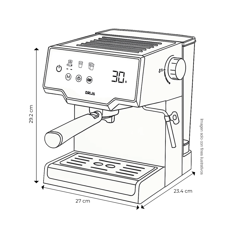Cafetera Mocca 8T-B Drija ,8 tazas, diseño compacto, pantalla digital, 2 funciones preestablecidas Espresso y Capuccino.