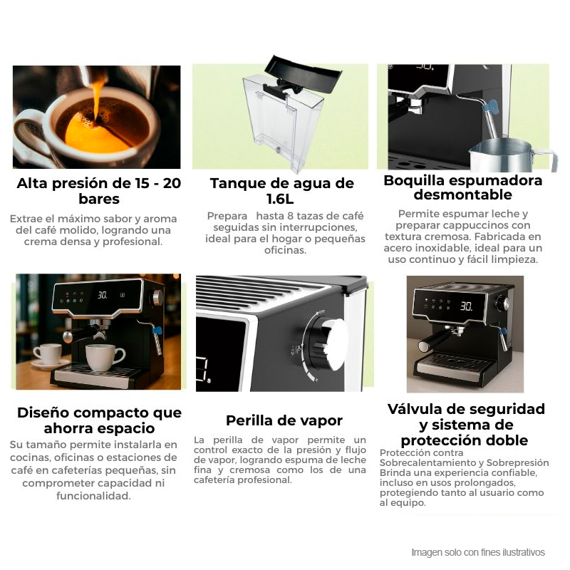 Cafetera Mocca 8T-B Drija ,8 tazas, diseño compacto, pantalla digital, 2 funciones preestablecidas Espresso y Capuccino.
