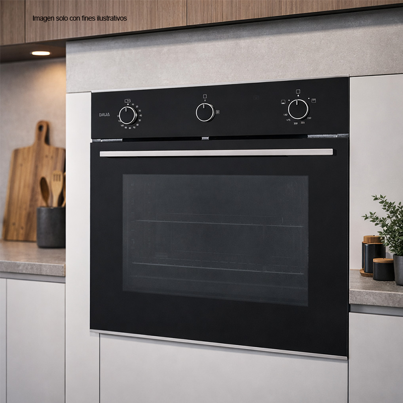 Horno empotrable a gas Drija Europa 60, diseño minimalista, 72 litros (2.54pc) 2 quemadores, válvula de seguridad, triple vidrio en puerta.