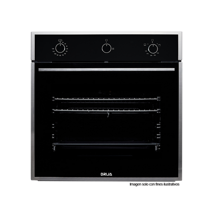 Horno empotrable a gas Drija Europa 60, diseño minimalista, 72 litros (2.54pc) 2 quemadores, válvula de seguridad, triple vidrio en puerta.
