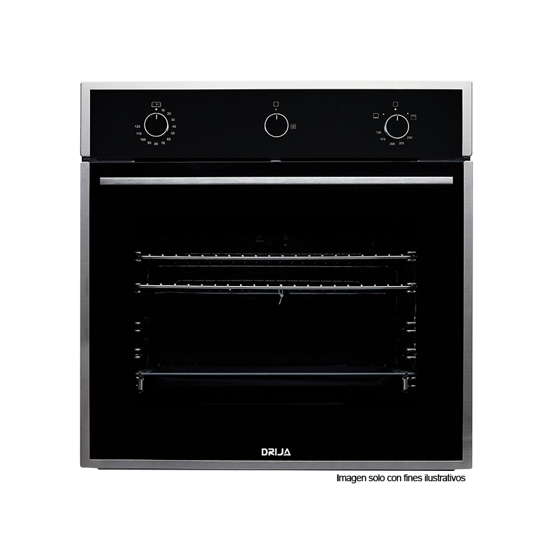 Horno empotrable a gas Drija Europa 60, diseño minimalista, 72 litros (2.54pc) 2 quemadores, válvula de seguridad, triple vidrio en puerta.