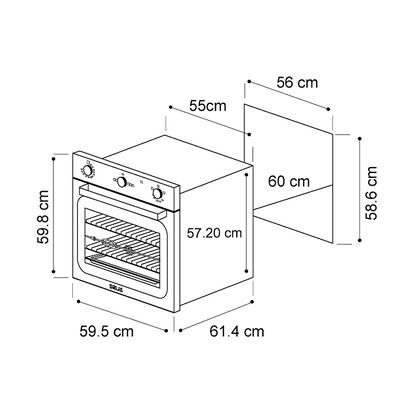 Horno empotrable a gas Drija Europa 60, diseño minimalista, 72 litros (2.54pc) 2 quemadores, válvula de seguridad, triple vidrio en puerta.