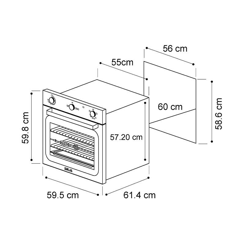 Horno empotrable a gas Drija Europa 60, diseño minimalista, 72 litros (2.54pc) 2 quemadores, válvula de seguridad, triple vidrio en puerta.