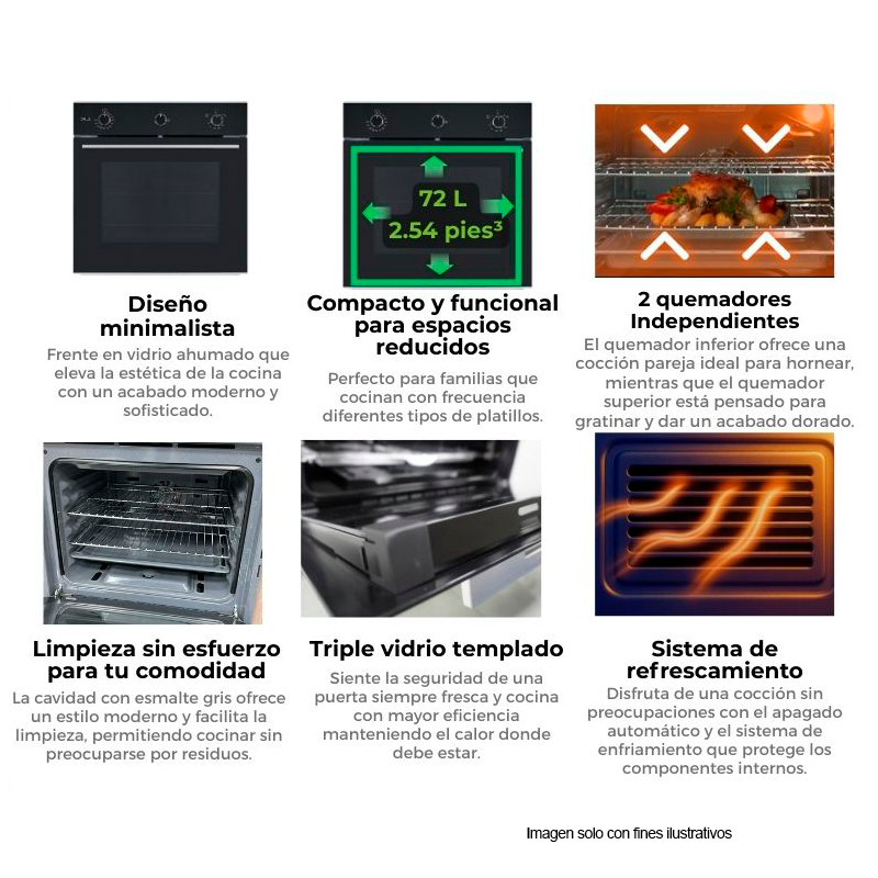 Horno empotrable a gas Drija Europa 60, diseño minimalista, 72 litros (2.54pc) 2 quemadores, válvula de seguridad, triple vidrio en puerta.
