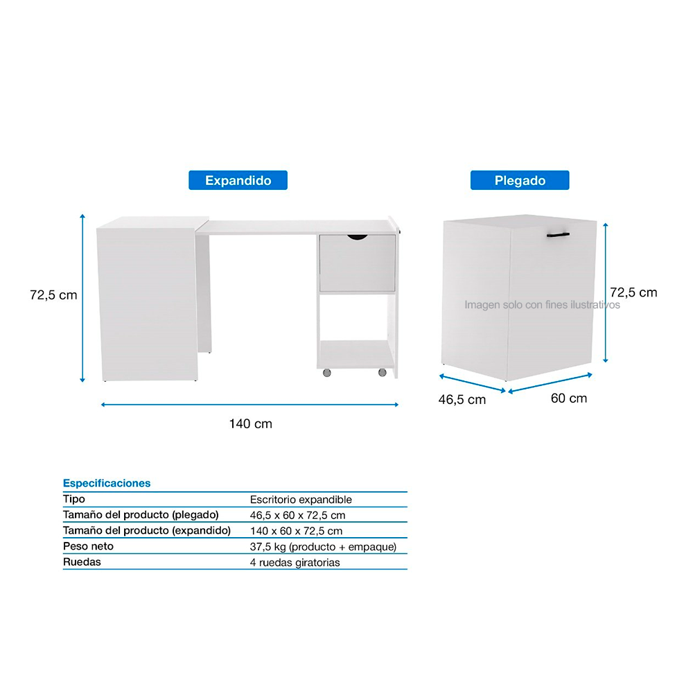 Escritorio XTF-CD210 plegable, color blanco, amplia superficie de trabajo, moderno y funcional.