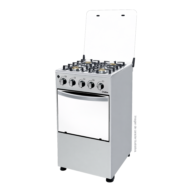 Estufa a gas 20" HLGR456F Hotline, 4 quemadores, mesa de acero inoxidable, parrillas de acero fundido, tapa de vidrio